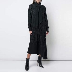 Tibi - Dot Jacquard Dolman Tie Neck Paneled Dress - Black